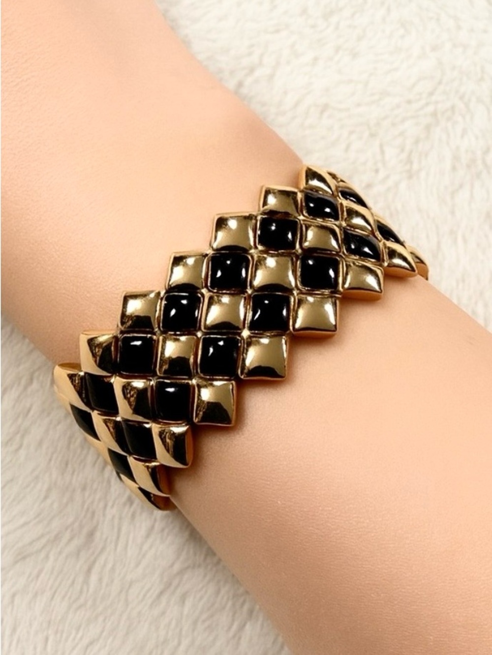 Vintage Napier Black Enamel Gold Tone Stretch Bracelet Geometric 80s